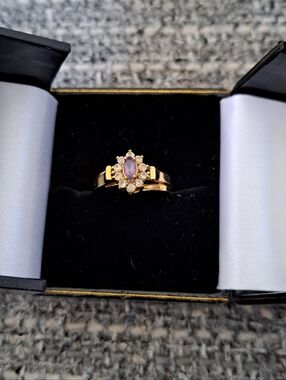 14K Gold Plated Ring with Purple Amethyst Center Stone and 10 Austrian Crystals